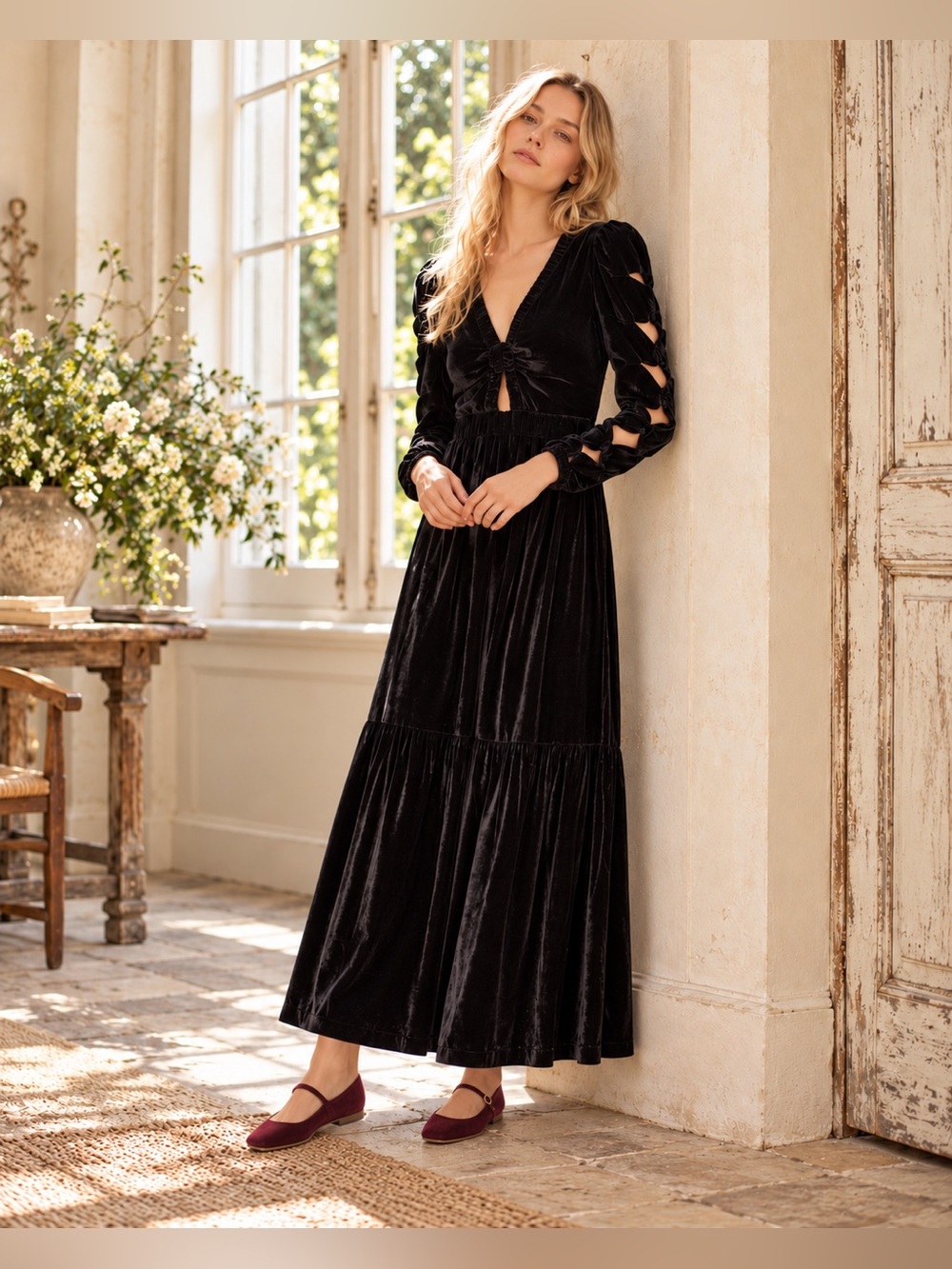 Sea New York Mayde Black Velvet Cutout Sleeve Long MIDI  Dress Size 4